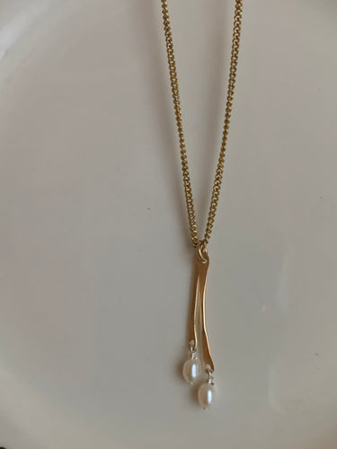 Double Freshwater Pearl + gold bar necklace