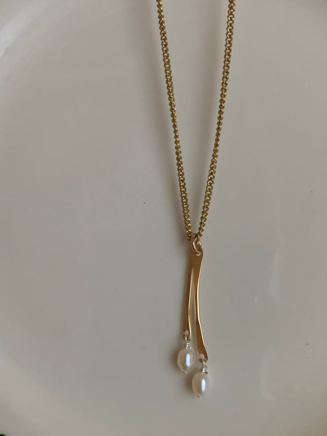 Double Freshwater Pearl + gold bar necklace